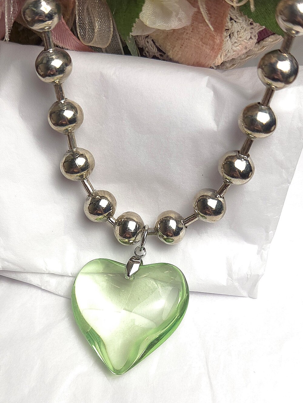 Handmade Green Glass Heart Pendant Necklace on Chunky Silver Bead Chain 16"